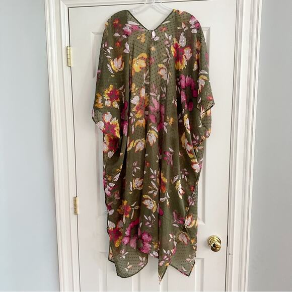 Lane Bryant Long Floral Duster Kimono Swiss Dot Green Pink Oversized Open Front - Picture 5 of 11